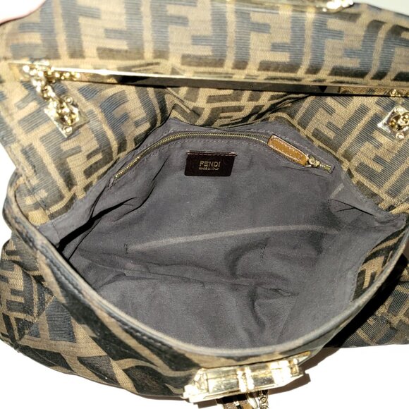 Authentic Fendi Tobacco Zucca Canvas and Leather Maxi Baguette Flap Shoulder Bag - Picture 6 of 12